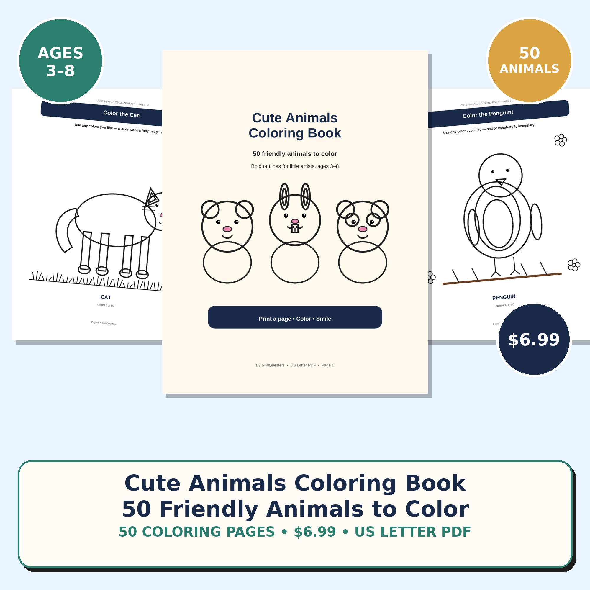 Cute Animals Coloring Book for Kids Ages 3-8 cover