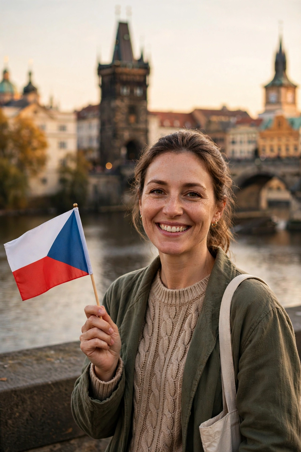 Smiling Czech woman tutor holding a small Czech flag in Prague with Charles Bridge softly blurred behind