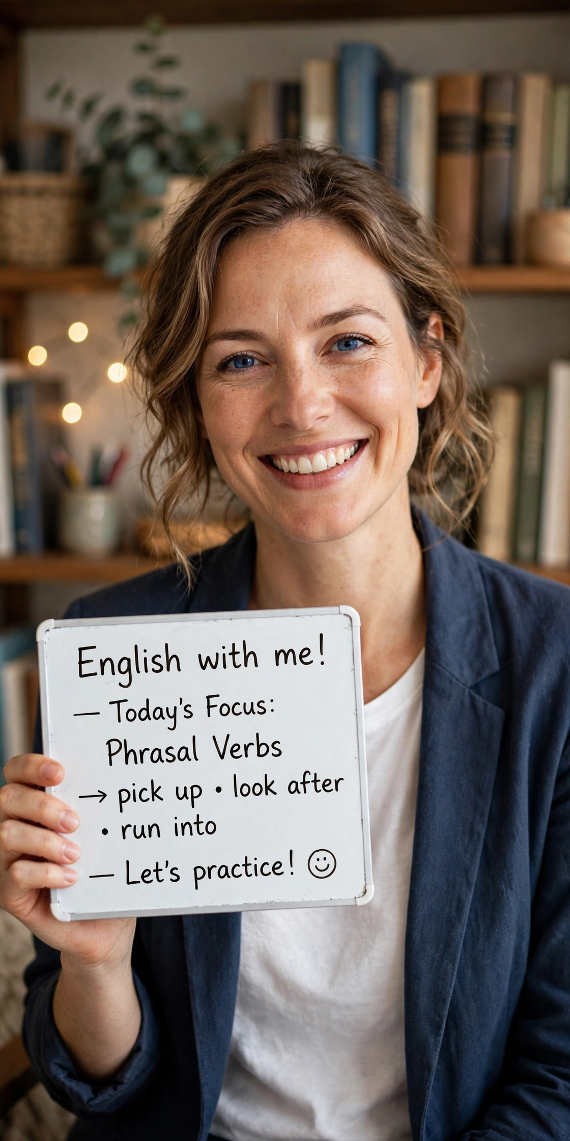 Smiling American woman English tutor in a casual blazer holding a small whiteboard, warm home bookshelf background softly blurred