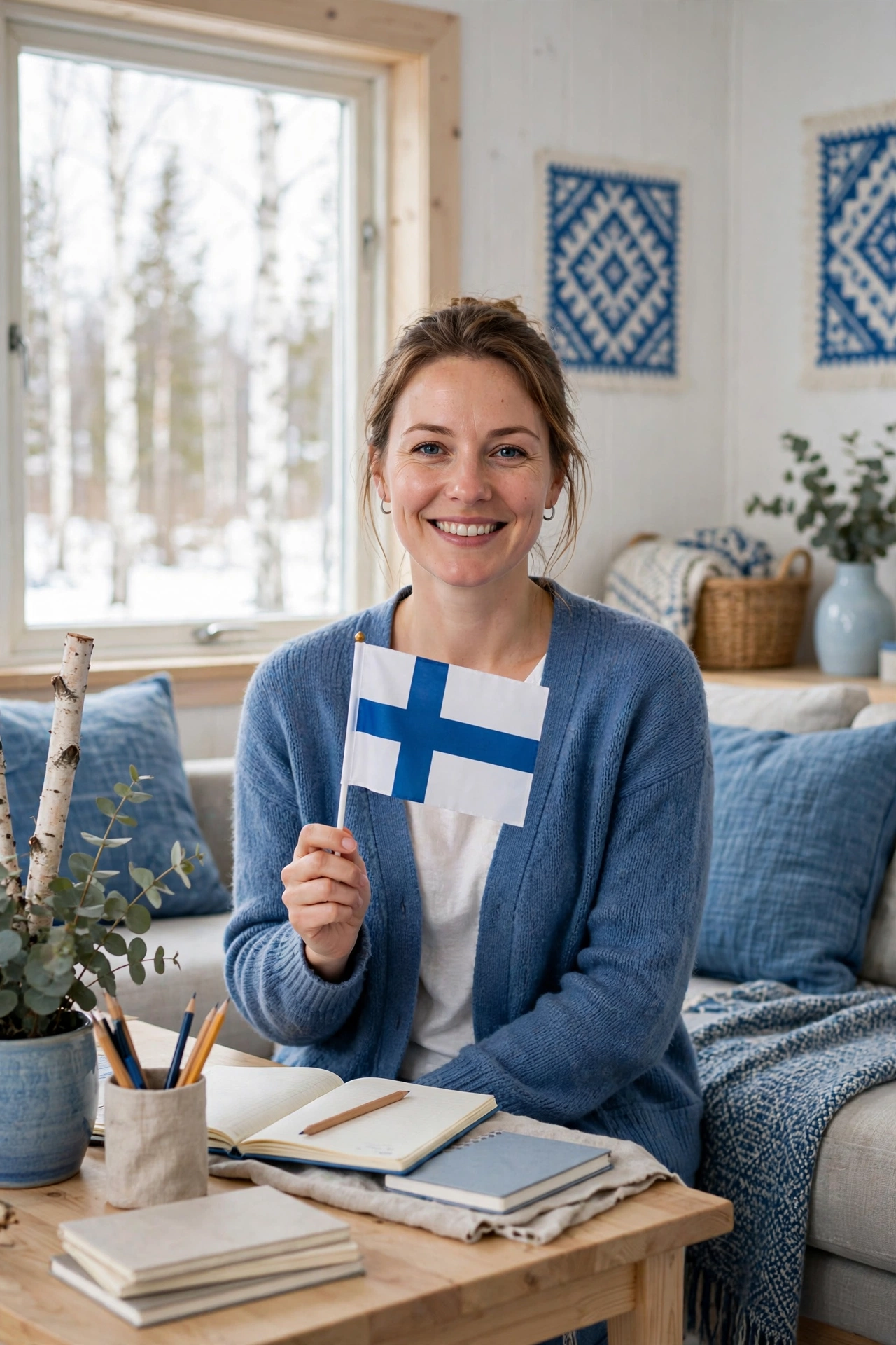 Smiling Finnish woman tutor holding a small Finnish flag in a bright blue-and-white Nordic living room