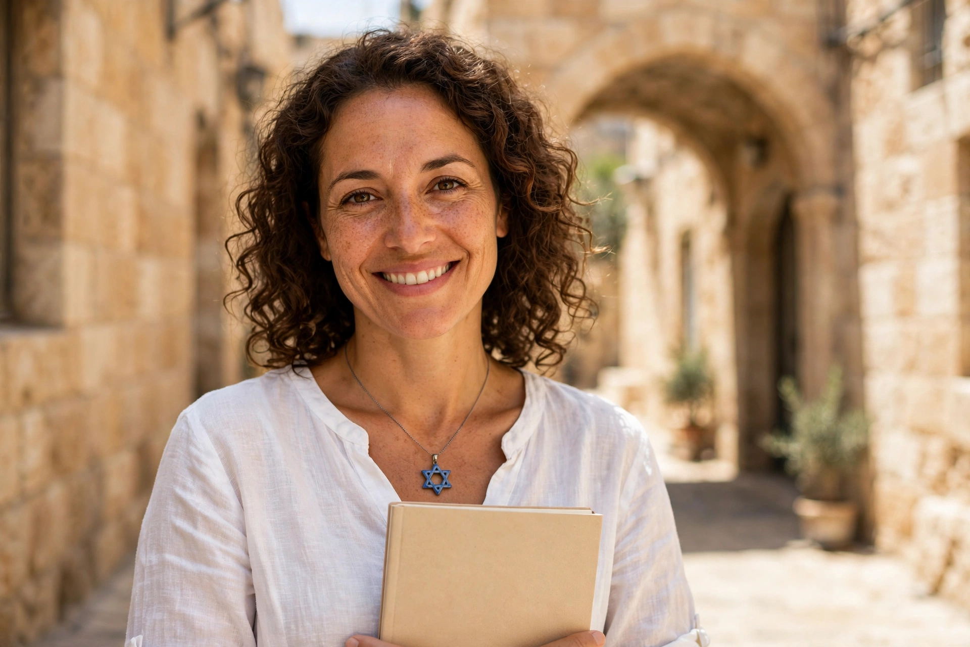 Smiling Israeli woman tutor in a white linen top with a blue Star of David pendant holding a blank notebook in a Jerusalem stone alley