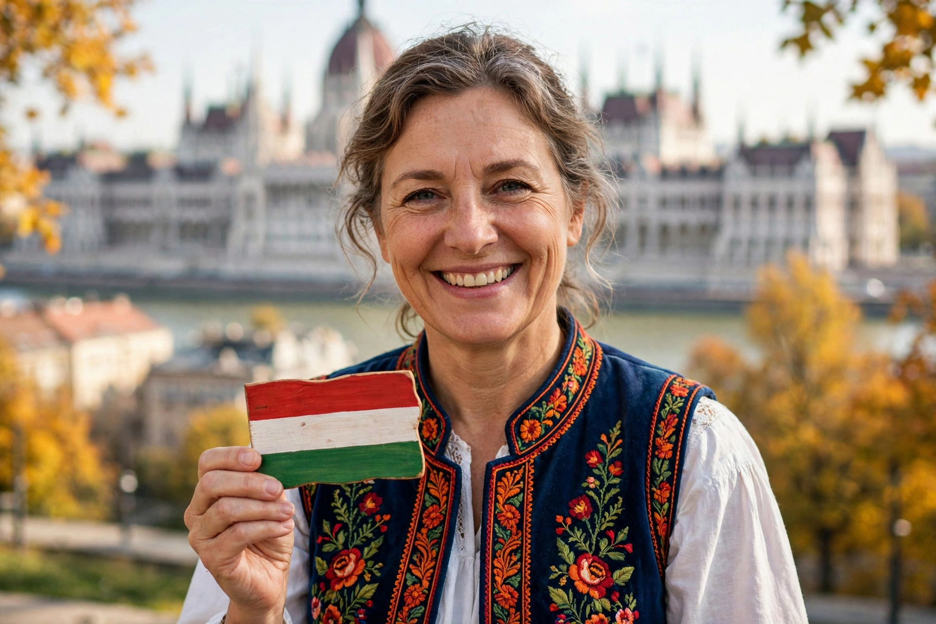 Smiling Hungarian woman tutor in a folk-embroidered vest holding a small painted Hungarian flag, Budapest parliament softly blurred behind