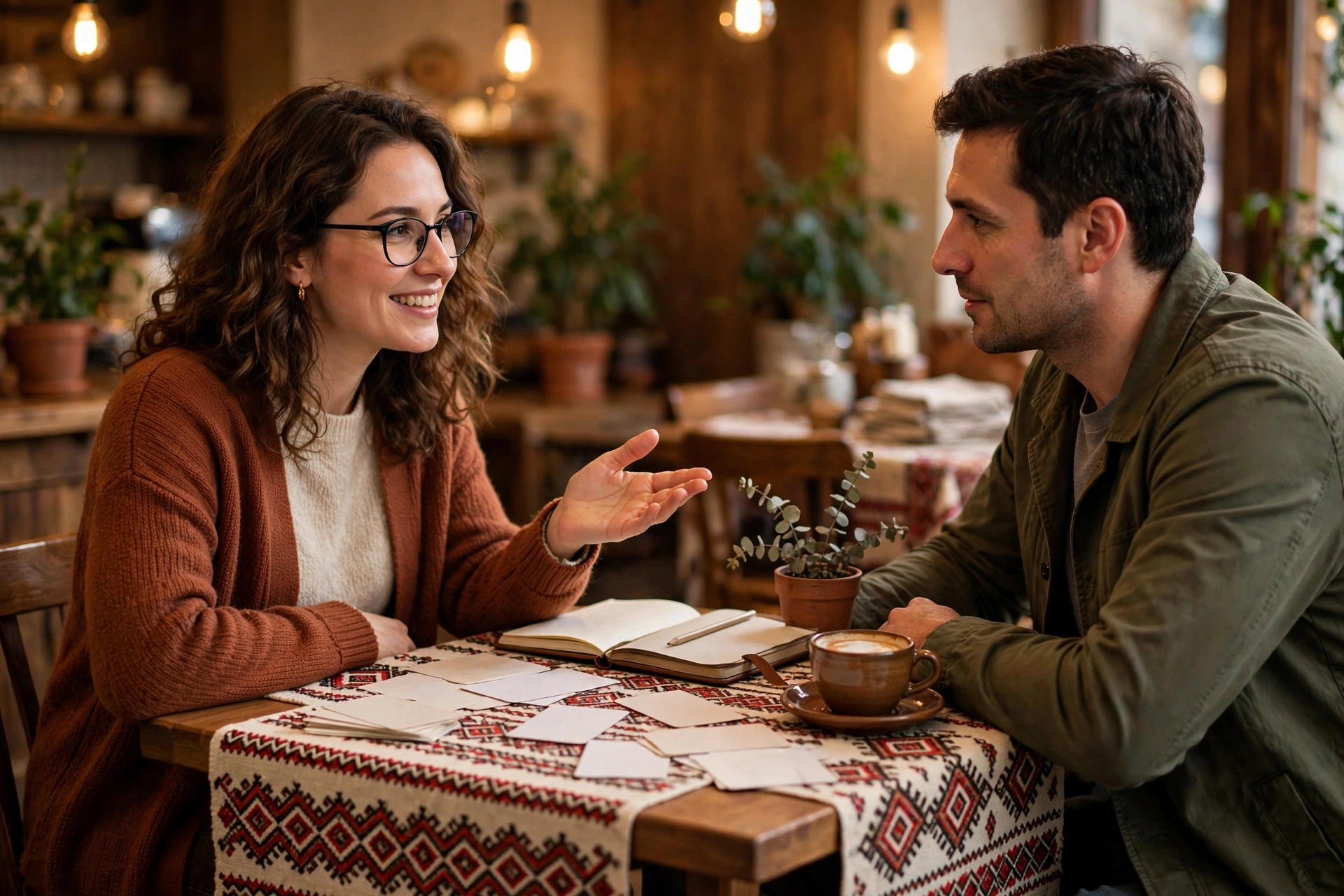 Romanian tutor and adult student practicing conversation at a small café table with a folk-pattern textile runner