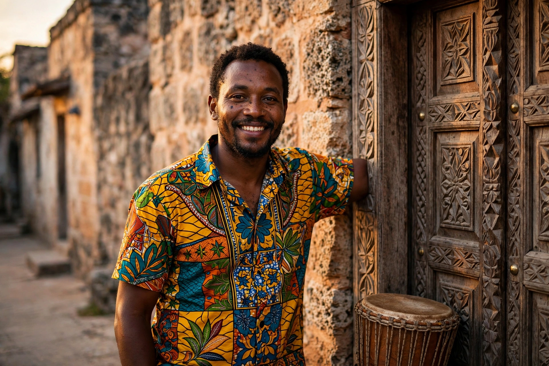 Smiling Kenyan man tutor in a kitenge-pattern shirt beside a carved Zanzibar wooden door with a djembe drum