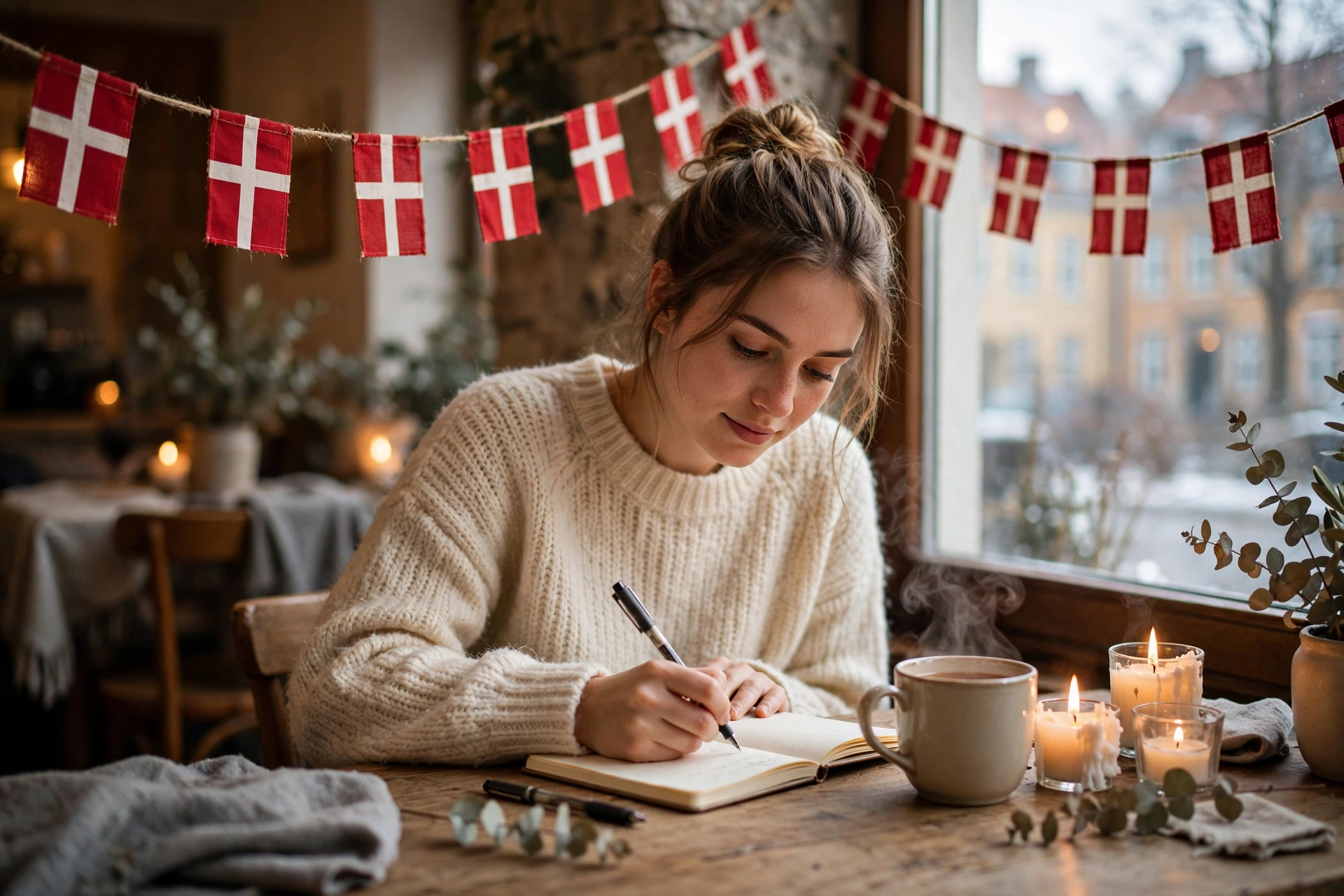 Woman writing in a journal in a cozy Copenhagen cafe with Danish flag bunting and candles