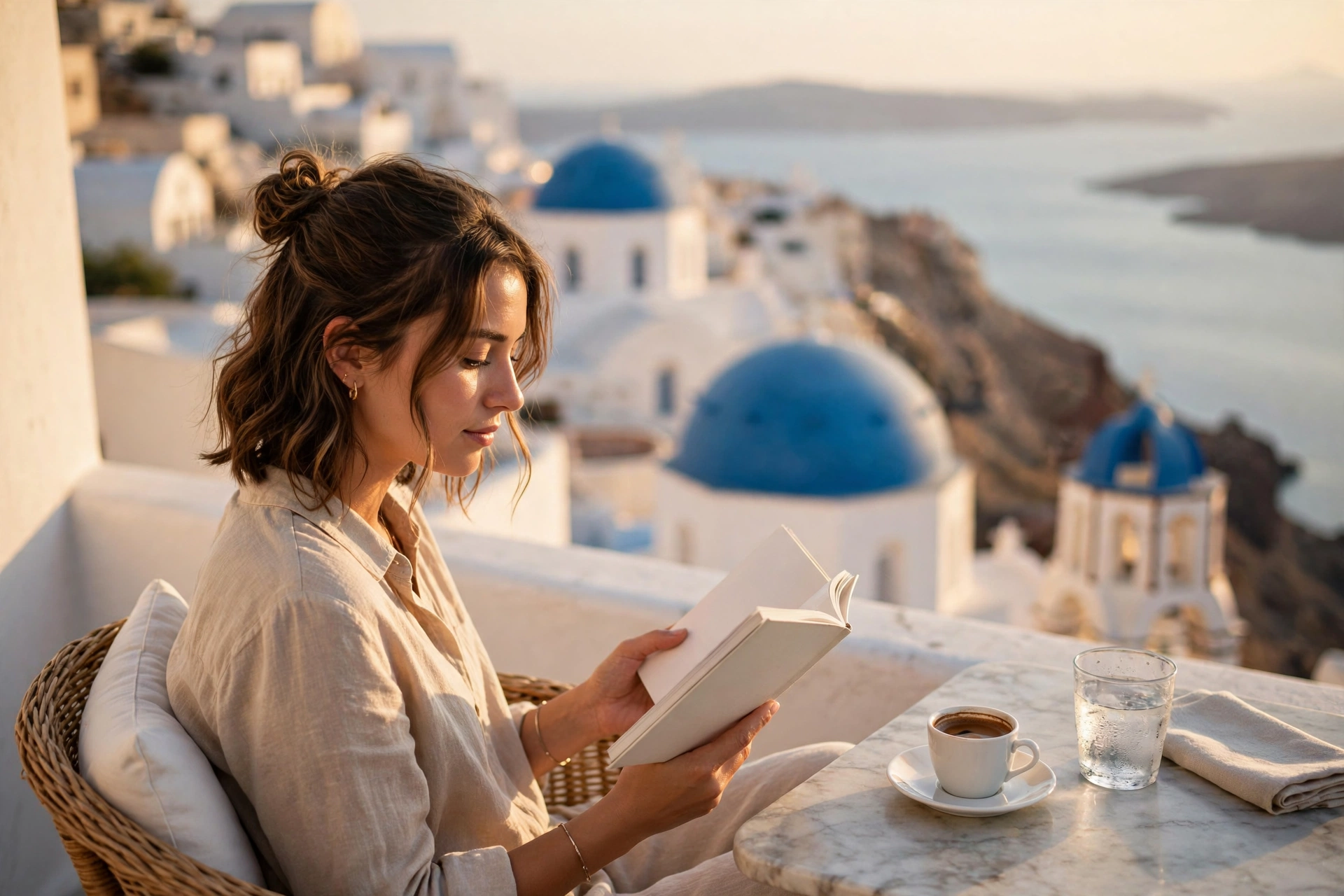 Woman reading a book on a sunlit Santorini terrace with blue domes and the sea behind her
