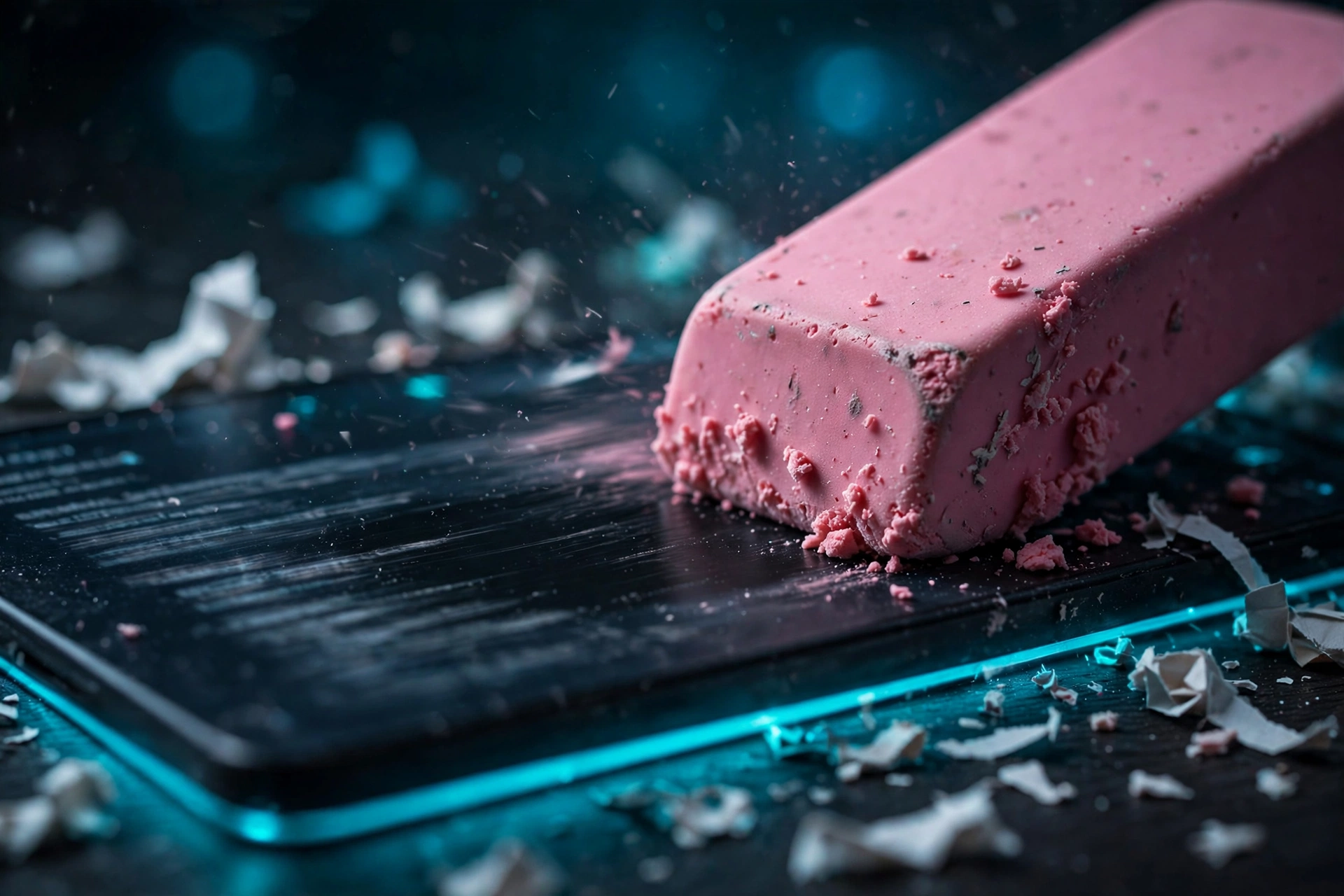 Pink eraser wiping blurred personal data off a dark document, teal cybersecurity glow