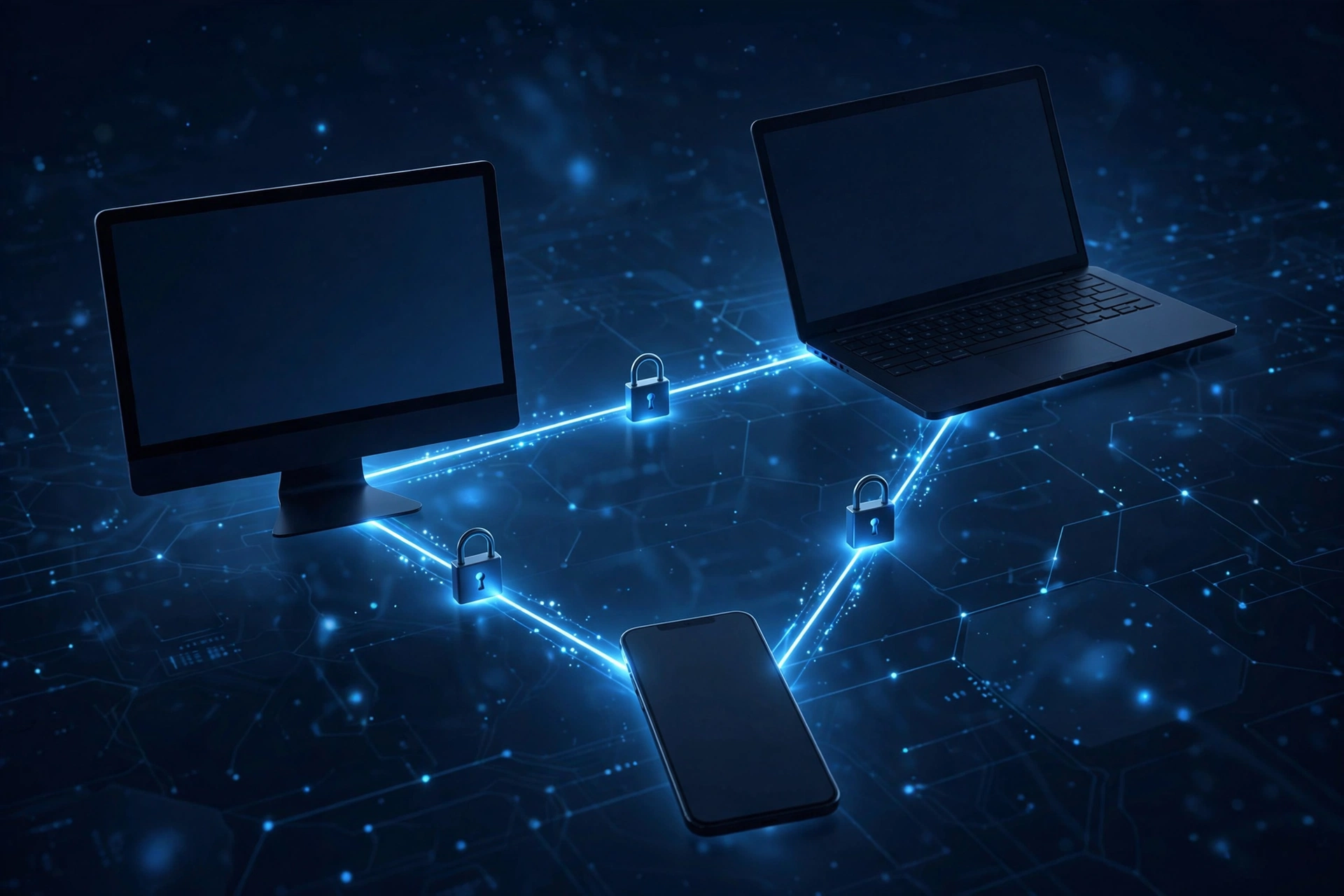 Desktop, laptop and smartphone linked by glowing blue encrypted lines with padlock icons