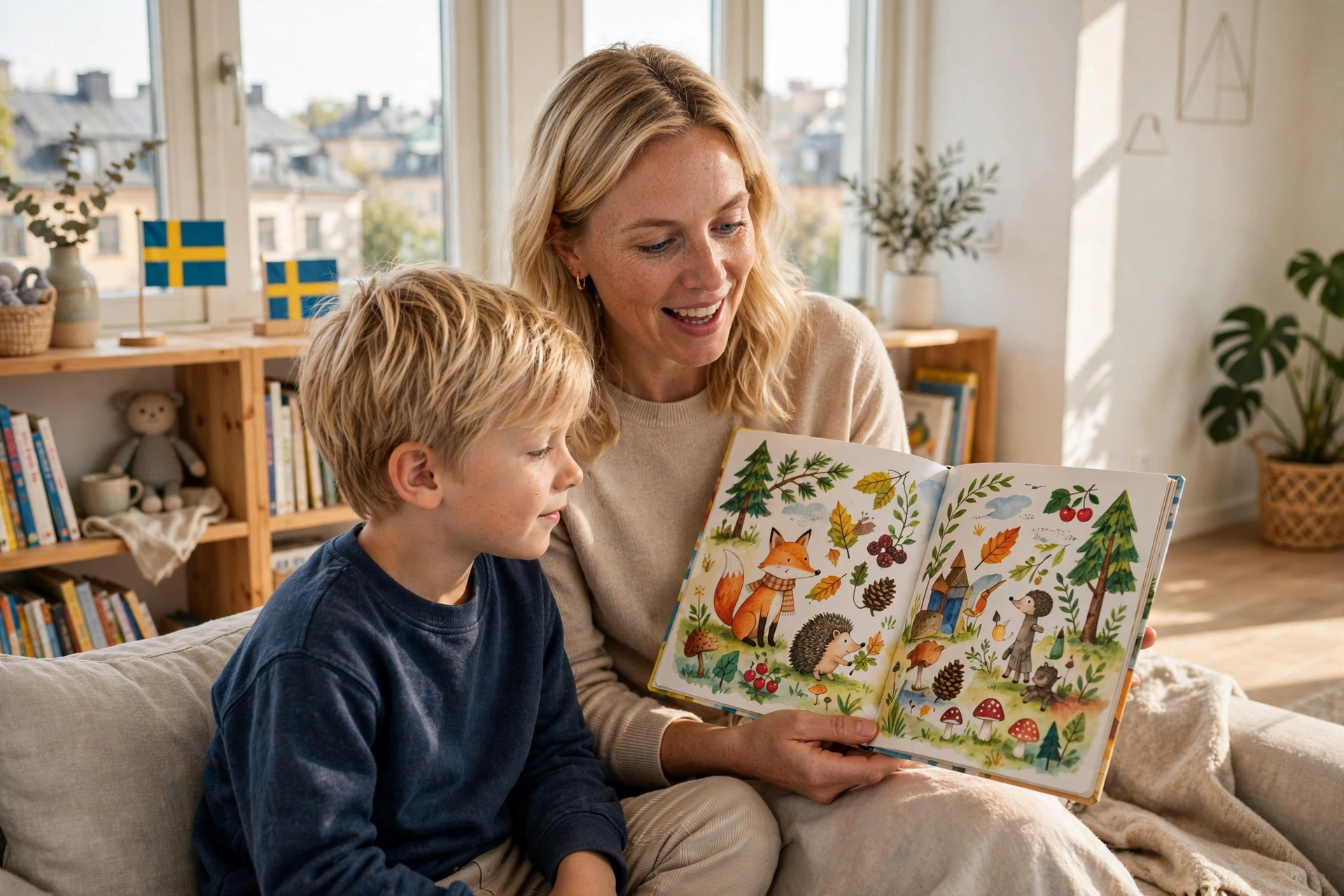 Swedish mother reading a picture book to her son in a bright Stockholm apartment, Swedish flags on the shelf