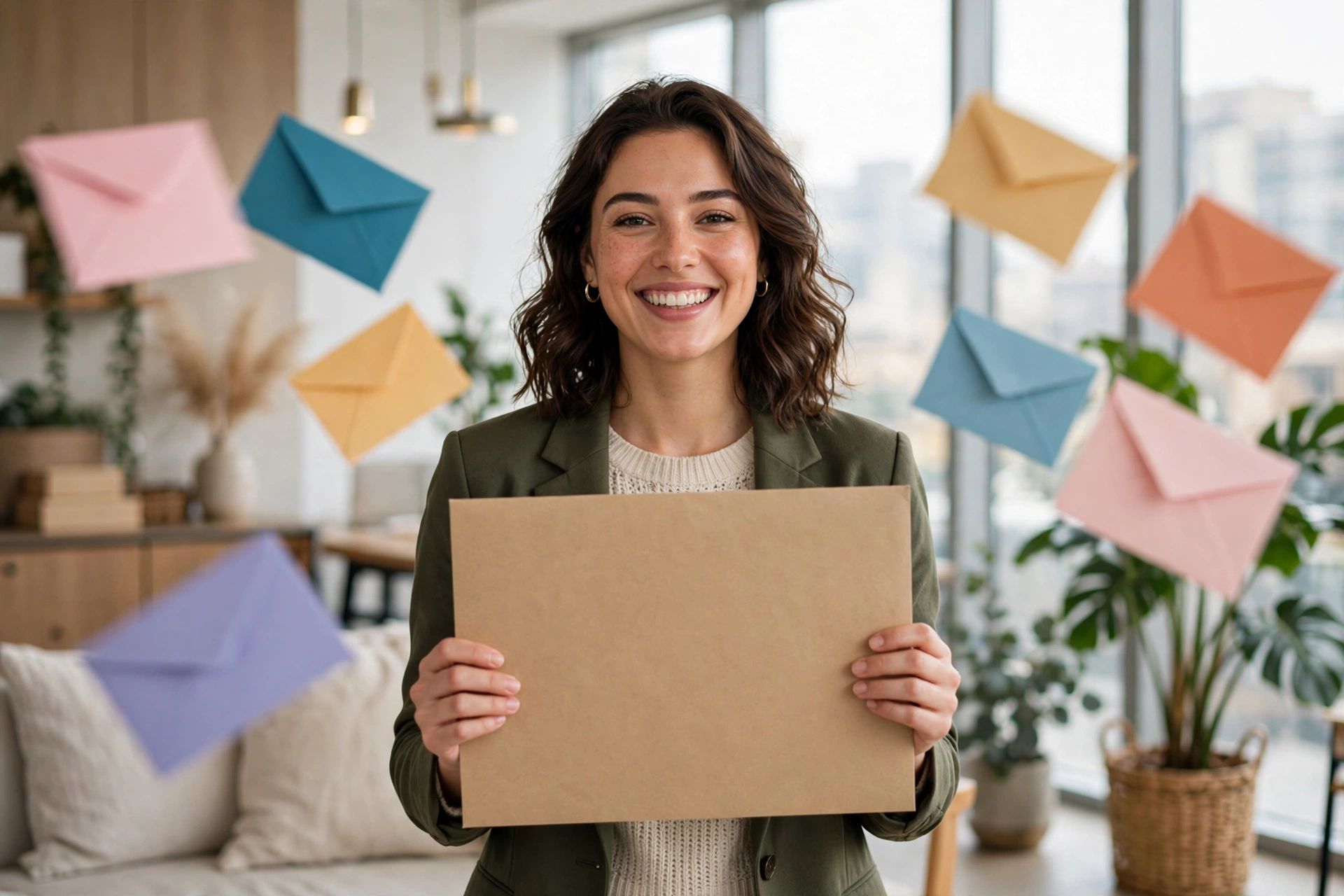 Smiling entrepreneur holding a large envelope in a bright office, colorful envelopes floating around her