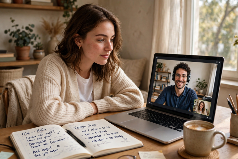 Woman on a video call with a Portuguese tutor, notebook with Portuguese phrases