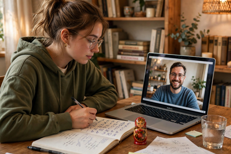 Student writing the Cyrillic alphabet on a video call with a Russian tutor