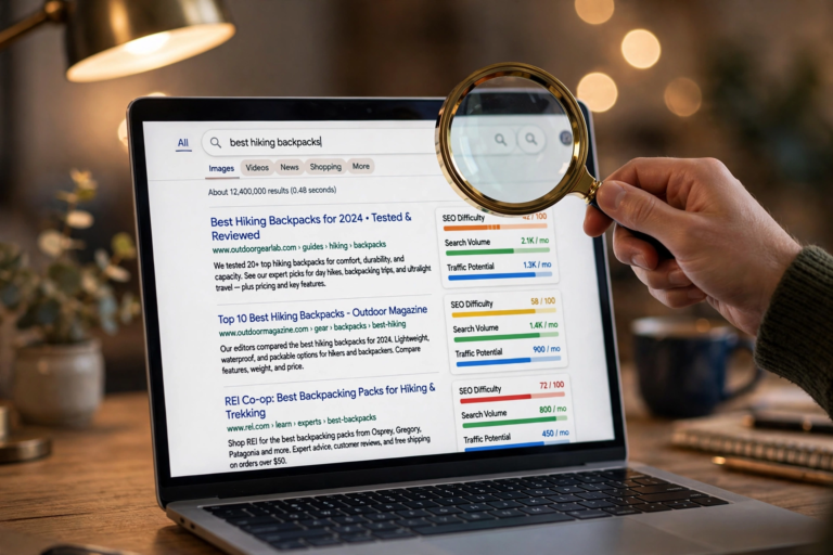 Laptop showing Google search results with SEO metric bars and a magnifying glass