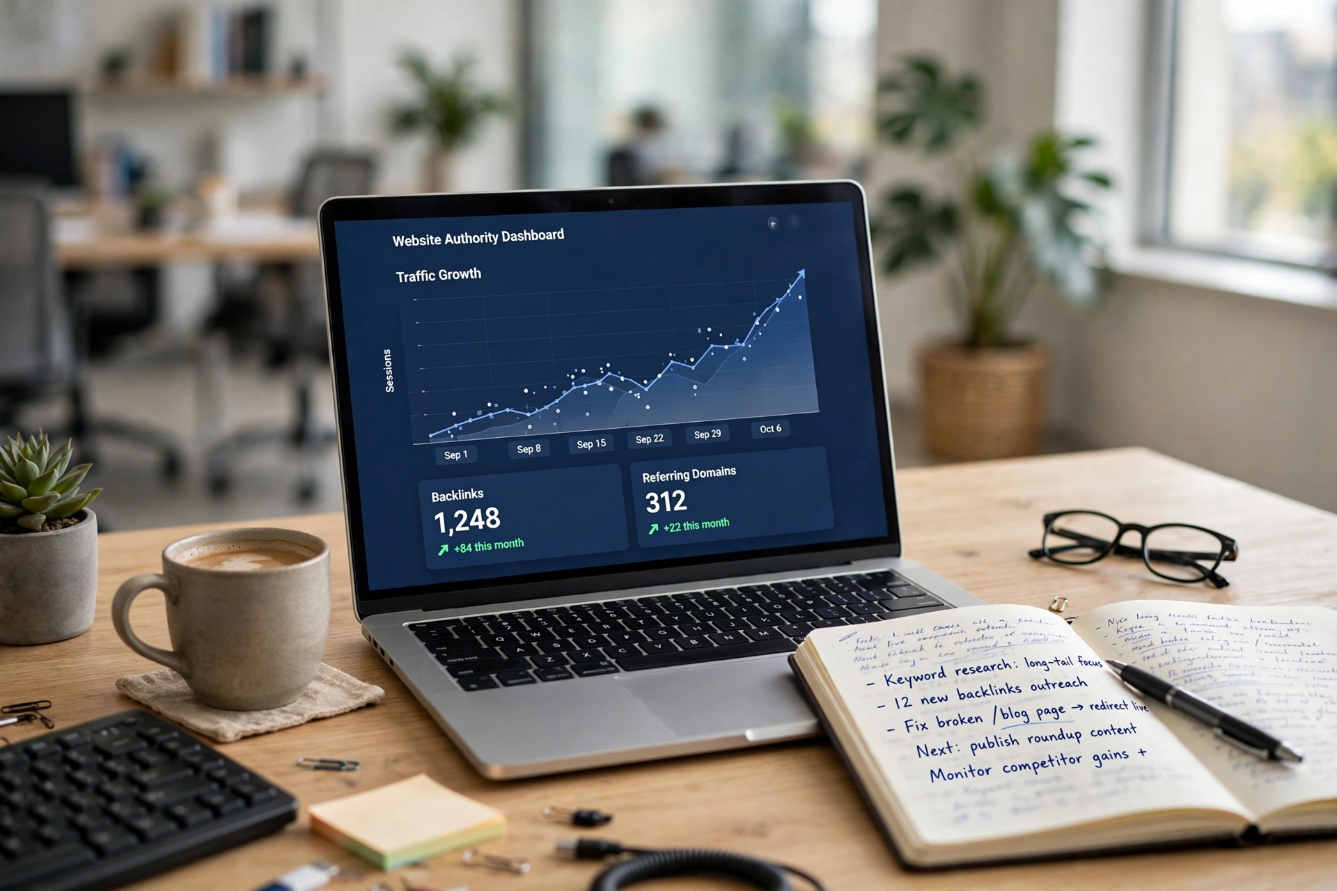 Laptop with website authority dashboard, traffic chart and backlink metrics