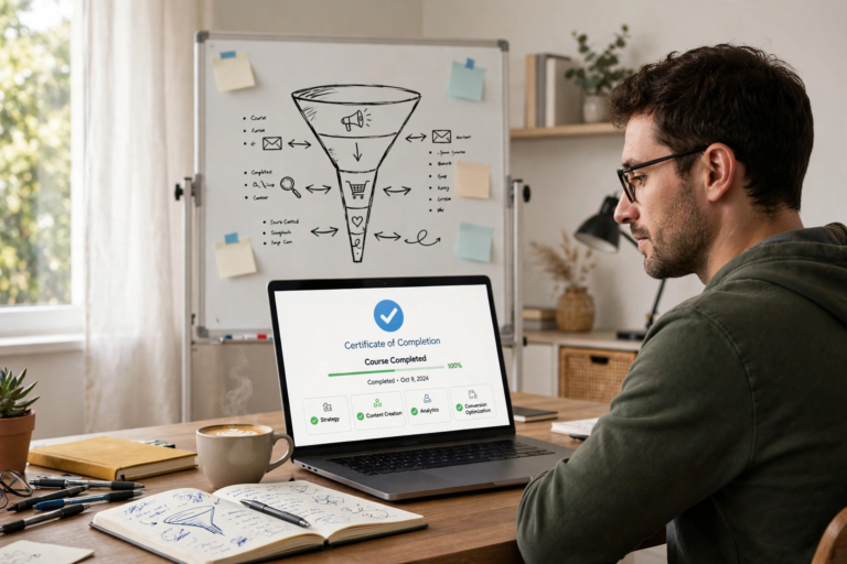 Man viewing a course completion certificate on a laptop with a sales funnel diagram on a whiteboard