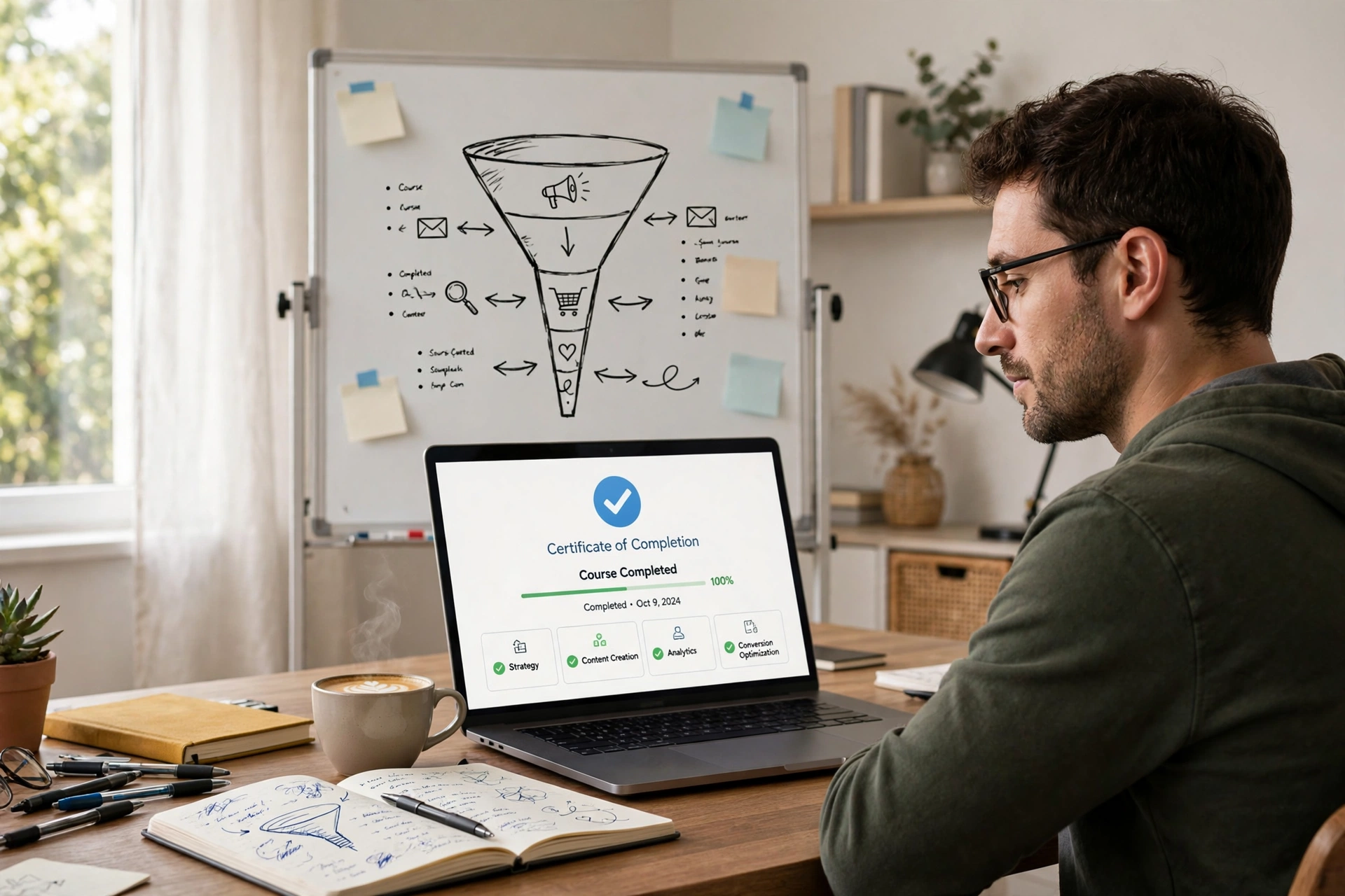 Man viewing a course completion certificate on a laptop with a sales funnel diagram on a whiteboard