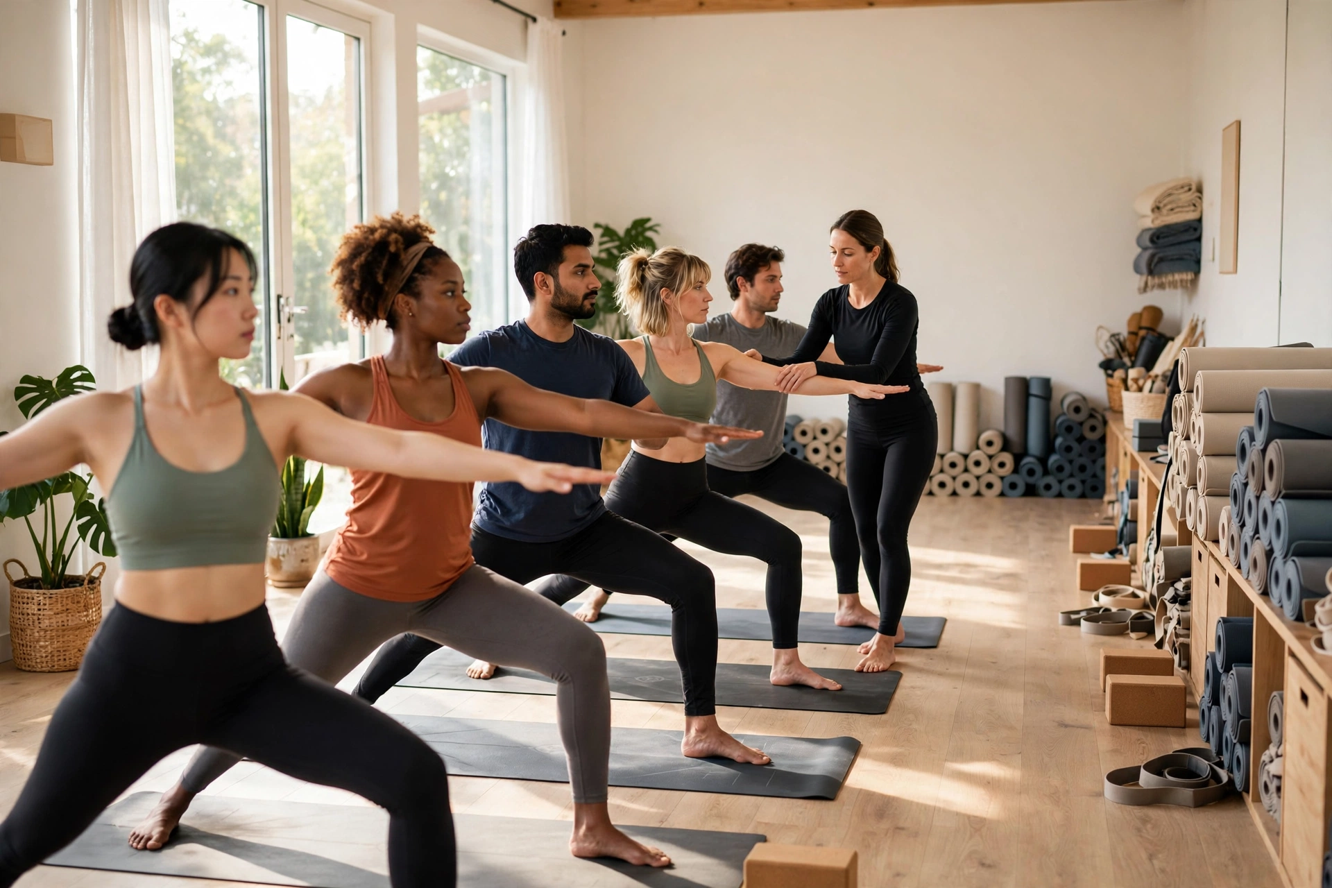 Yoga teacher training group practicing warrior pose in a sunlit studio