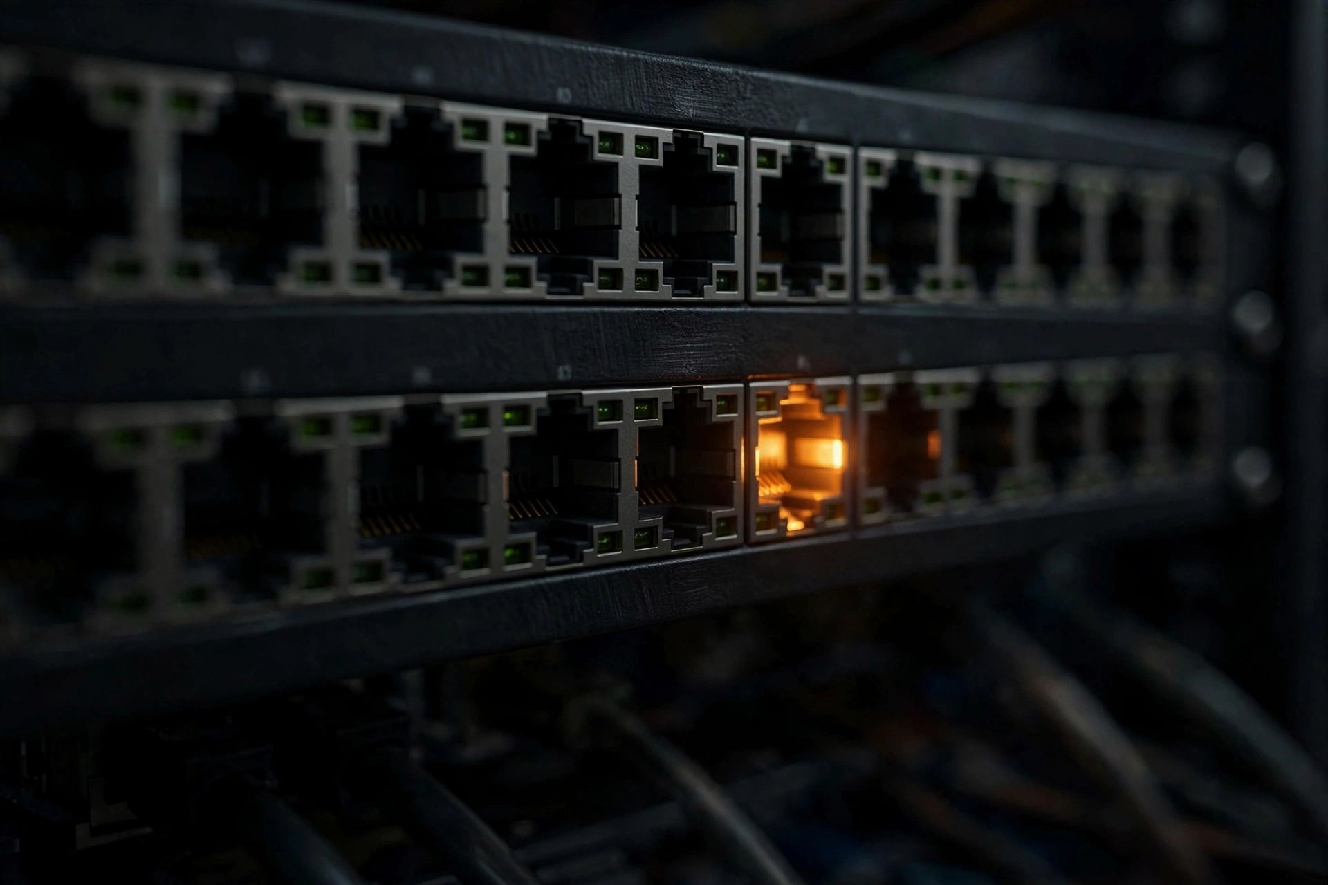 Close-up of a network server rack with one glowing amber port highlighted among many, dark tones