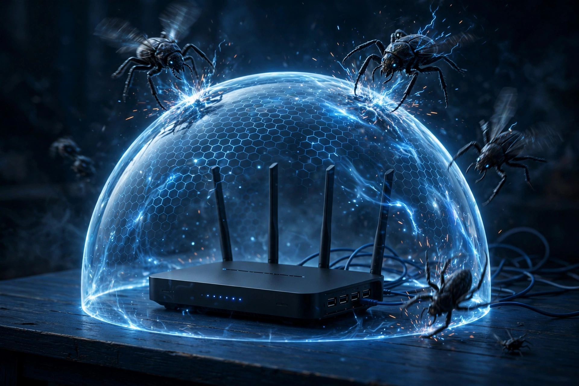 Home Wi-Fi router under a glowing blue shield dome with malware bugs bouncing off it