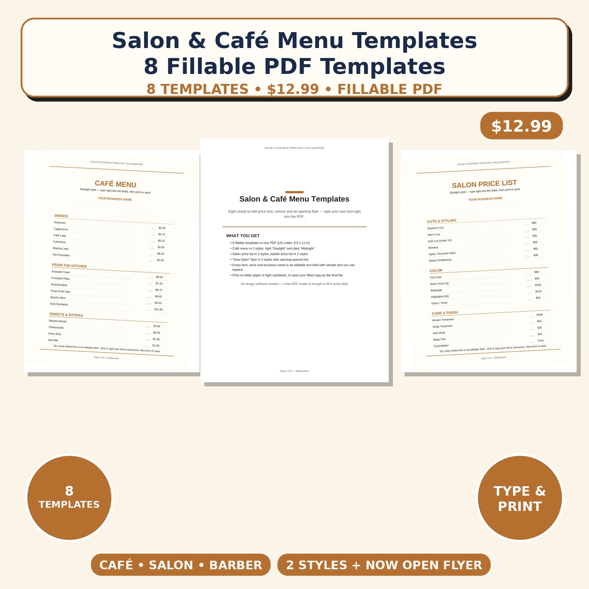 Salon and Cafe Menu Templates Fillable PDF cover