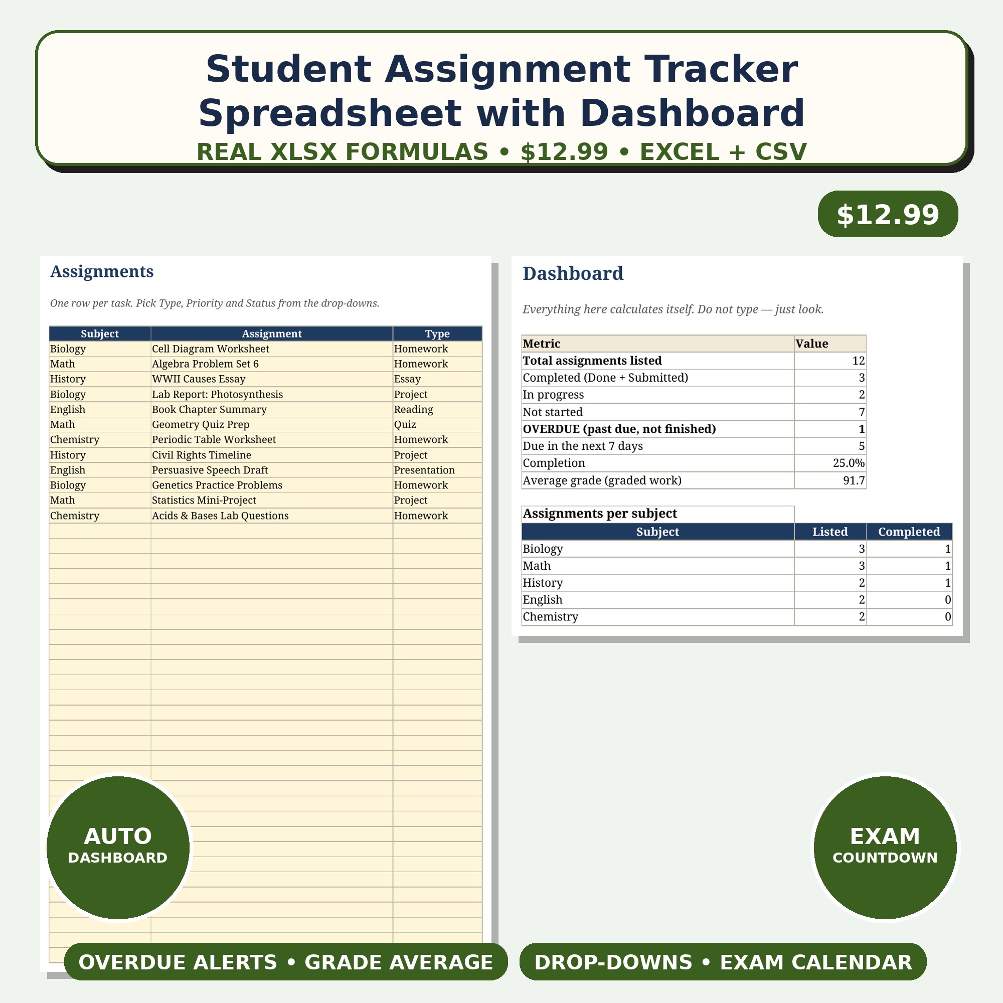 Student Assignment Tracker Spreadsheet Excel cover