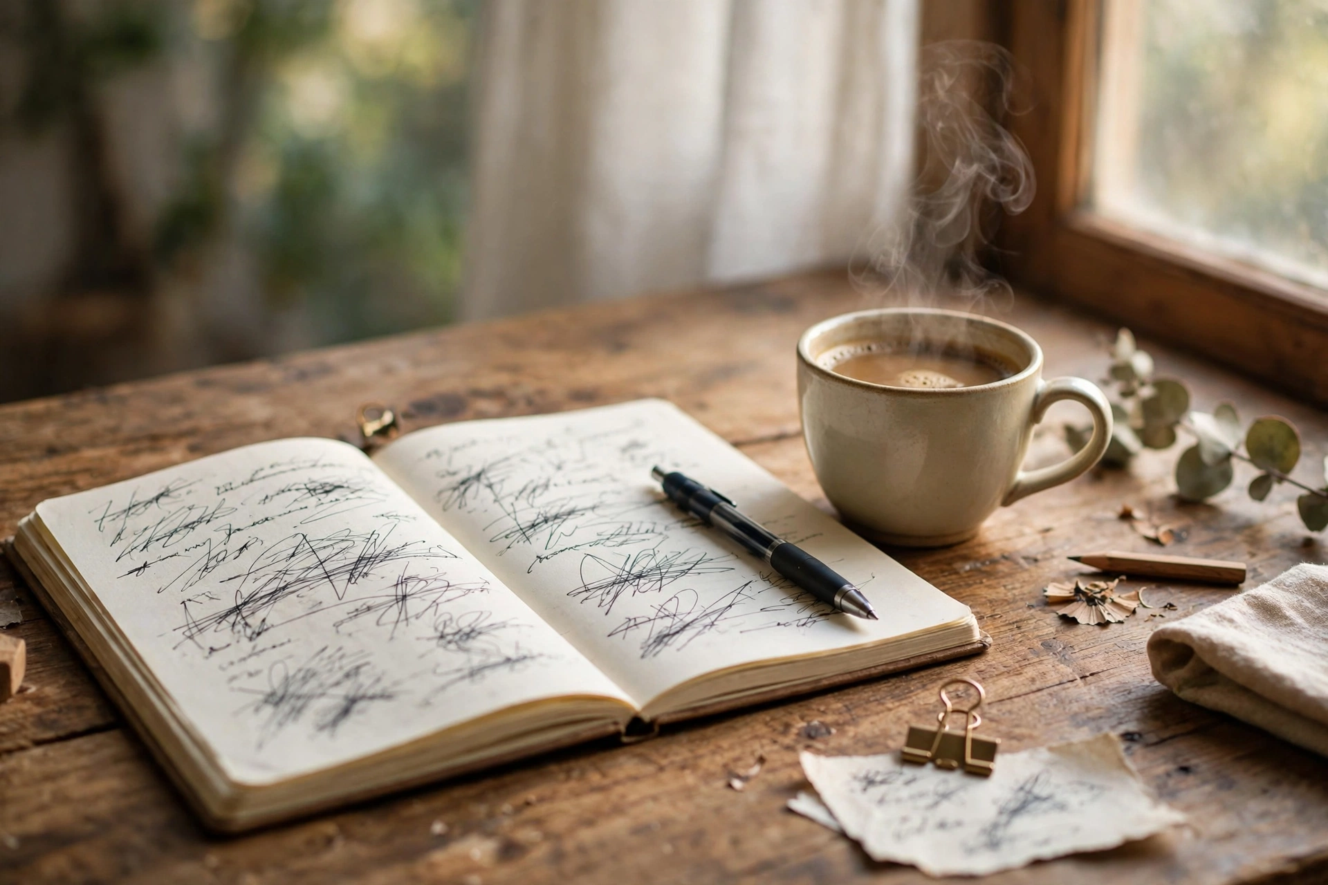 Small business owner's desk from the side with an open notebook of handwritten blog ideas and a coffee cup in daylight