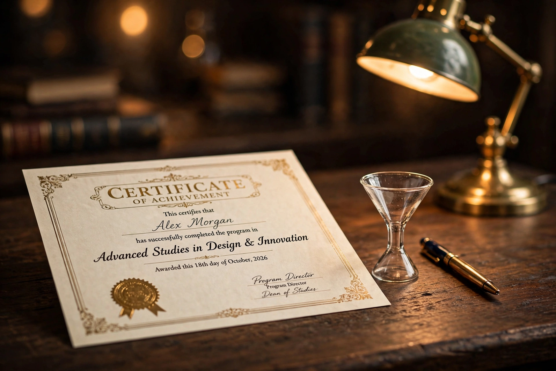Elegant certificate diploma on a dark wooden desk next to a small glass funnel model, warm desk lamp lighting