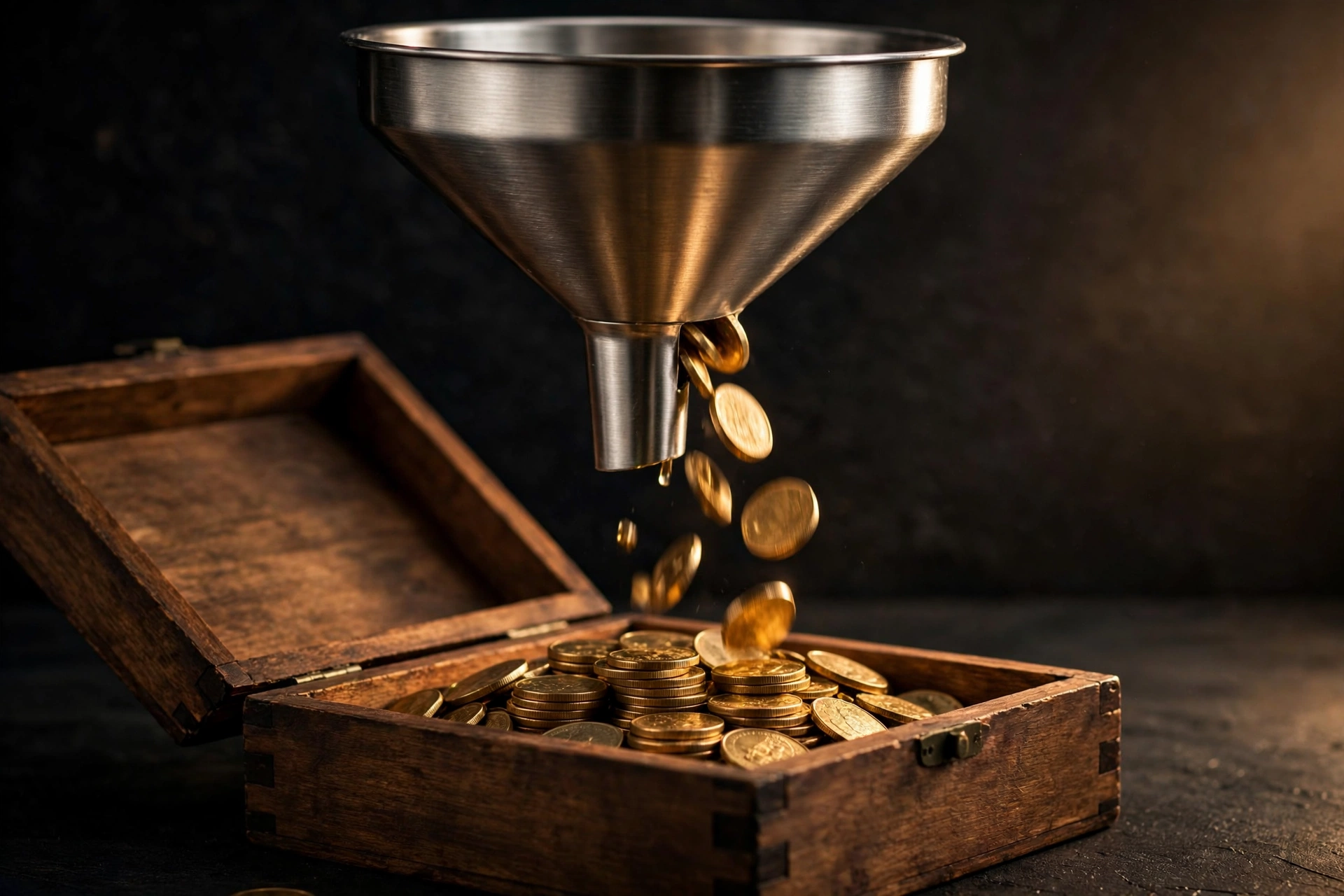 Stainless-steel funnel pouring gold coins into an open wooden cash box on a dark desk