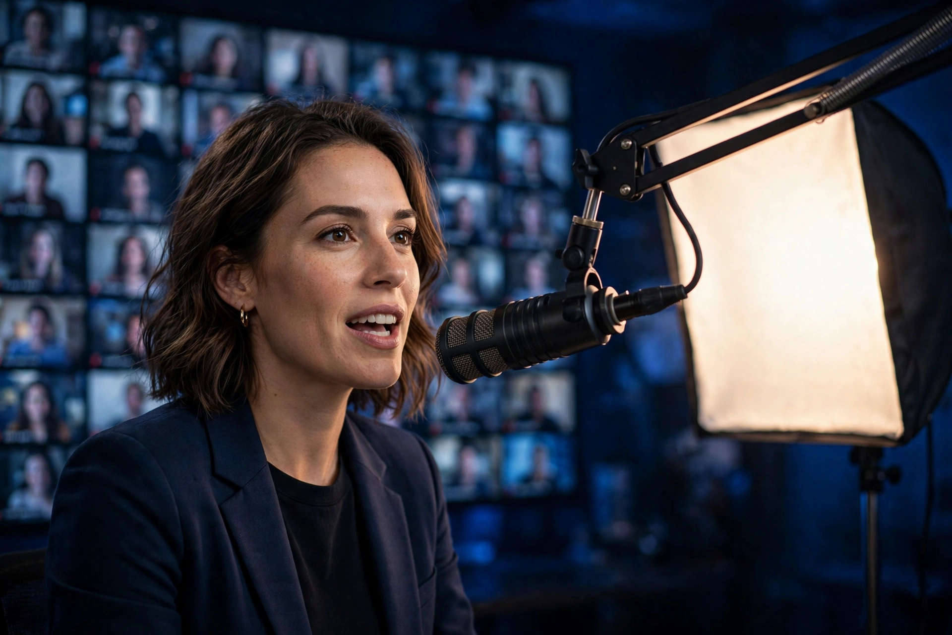 Woman presenter speaking into a studio microphone with a blurred wall of viewer video tiles behind her